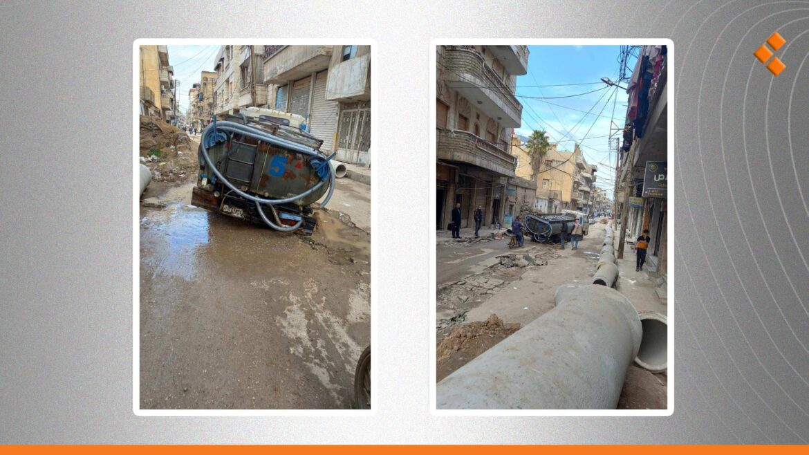 سقوط سيارات بحفر وسط الحسكة بسبب مشروع الصرف الصحي